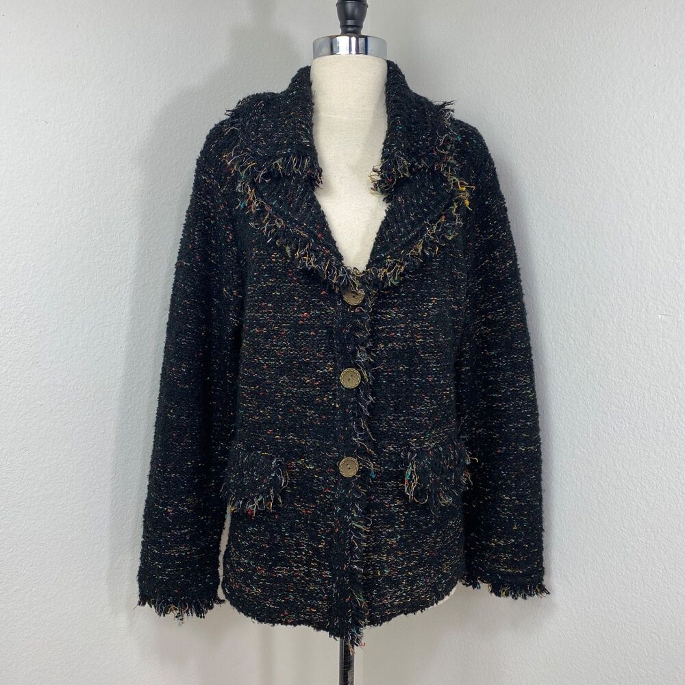 Roz & Ali Black Color Sprinkles Cardigan Sweater 1X Eye Lash Fringe Chunky Knit